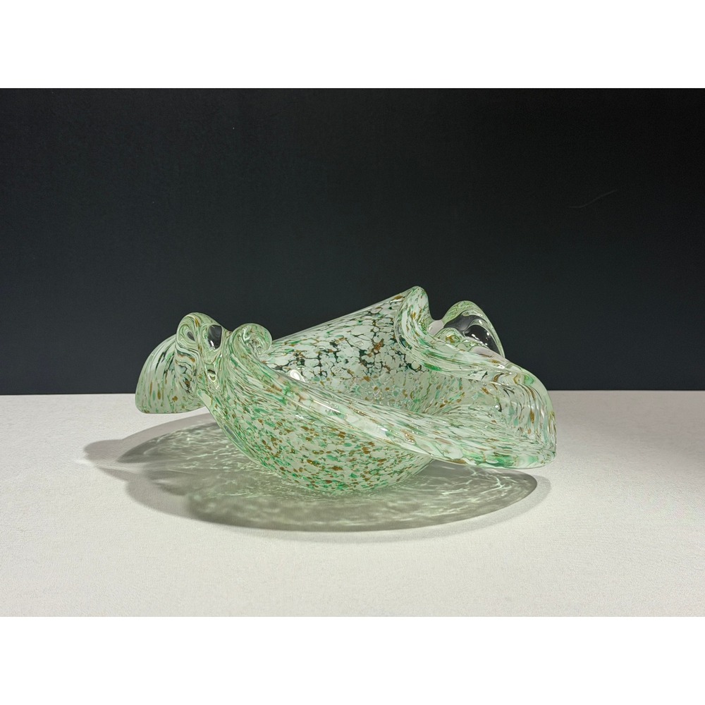 Murano Hand Blown Art Glass Ruffled Bowl Green White Gold Confetti Splatter